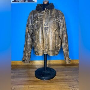 Vintage Sherpa Collar Lined Distressed Leather Mens Flight Bomber Jacket